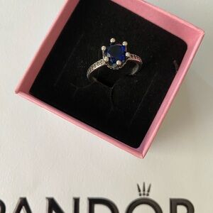 Pandora Silver Ring with Deep Blue Gem